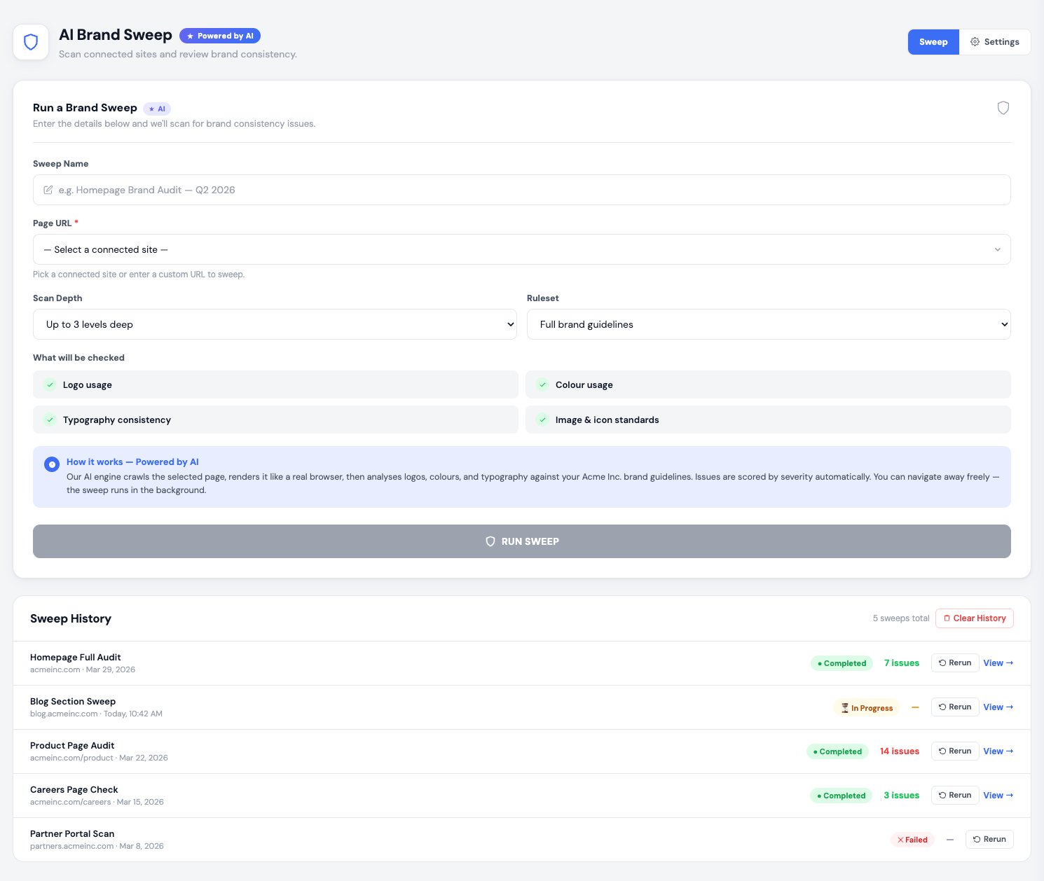 BrandHub AI Brand Sweep — scan connected sites and review brand consistency, with sweep history and detailed audit results